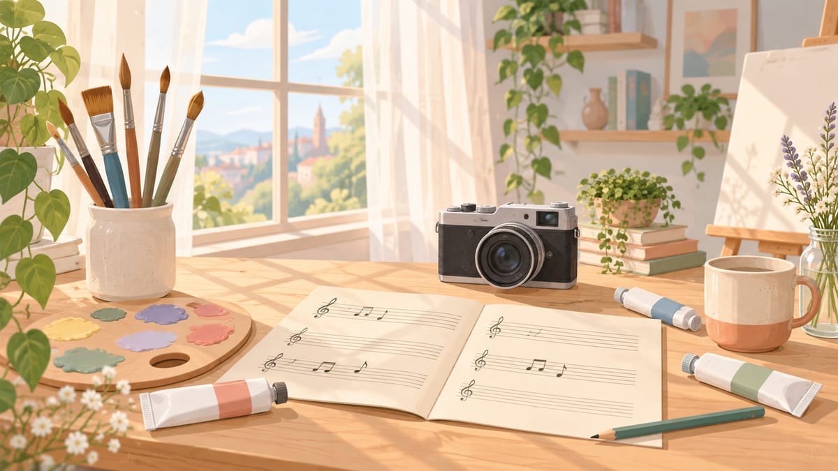 붓과 물감, 악보, 카메라가 놓인 작업실 일러스트
